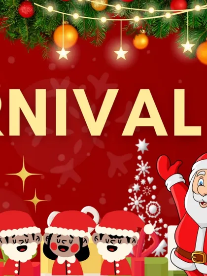 The final piece of our Christmas Carnival poster, featuring a cheerful Santa and inviting kids to a day of games and gifts.