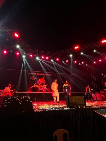 A wide shot of the stage at 'Abhimata Sambhrama'. The lighting and atmosphere were perfect for an evening dedicated to Kannada light music.