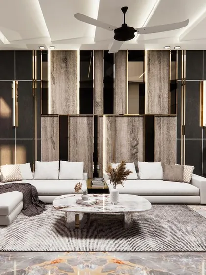 This is a drawing room I designed for a villa, featuring a dramatic back wall with a mix of wood, marble, and metal accents. The design is luxurious and modern, perfect for entertaining guests in style.