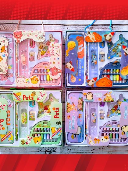 These comprehensive stationery sets include an abacus, ruler, pencil box, and more. This order of 30 sets was dispatched to Belgaum.