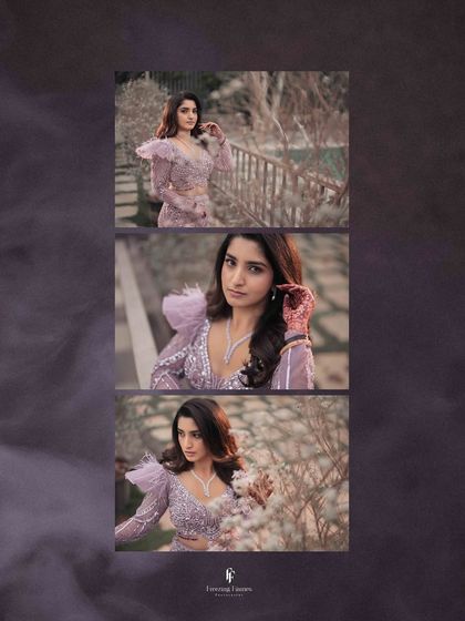 A triptych of the bride in her lavender gown, showcasing different angles and poses in a beautiful outdoor setting.