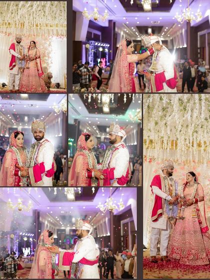 An energetic collage capturing the joy and celebration of the Jaimala ceremony. The photos show the couple exchanging garlands amidst confetti and the cheers of their loved ones.