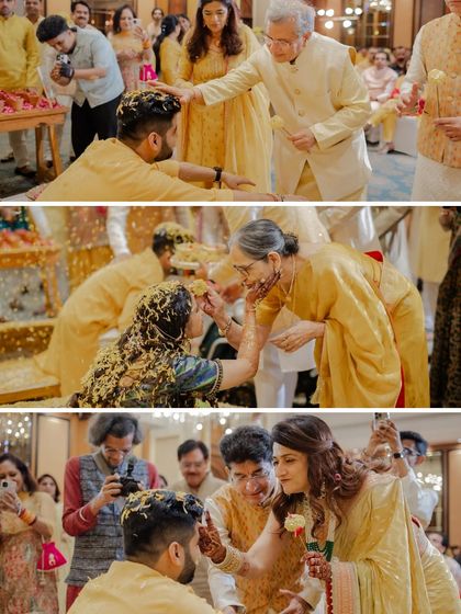 Family blessings during the Haldi ceremony are so special. Here, elders bless the couple amidst the fun and rituals.