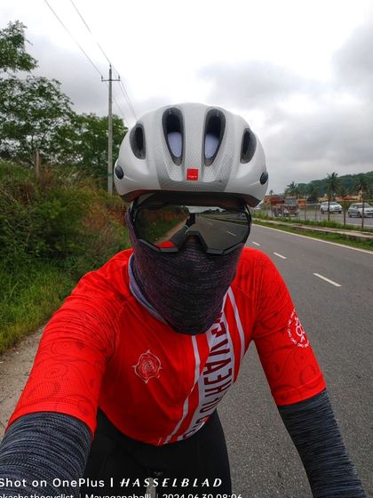 A selfie from the road during a morning breakfast ride. The open road and the company of friends make for a perfect start to the day.