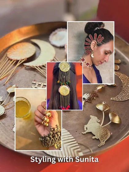 A collection of unique, artistic bridal accessories. This set includes crescent-shaped hair combs, decorative hair charms, and bold, sculptural ear cuffs.