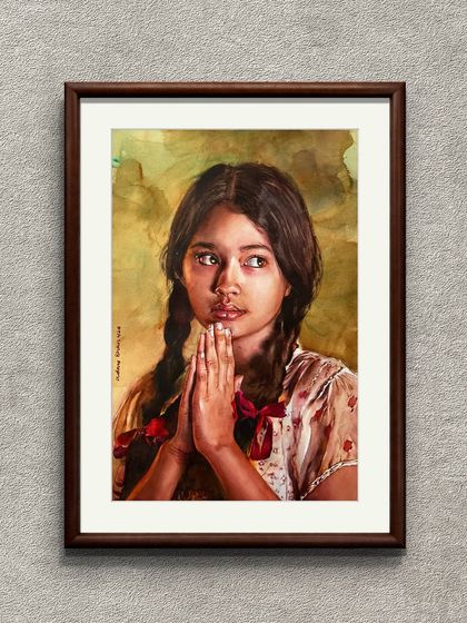 A portrait of a young girl in prayer, presented in a digital frame. This helps clients visualize how a commissioned portrait could look in their own home.