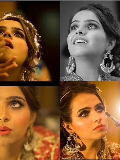 A collage showing the 'getting ready' process. These candid shots capture the anticipation and the artistry of the makeup process, telling the story of the bride's transformation on her wedding day.