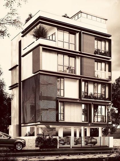 A conceptual visualization for a multi-level residence in HSR, Bangalore. The design explores a layered facade with varied materials and setbacks, creating visual interest and functional outdoor spaces like balconies and a rooftop terrace.