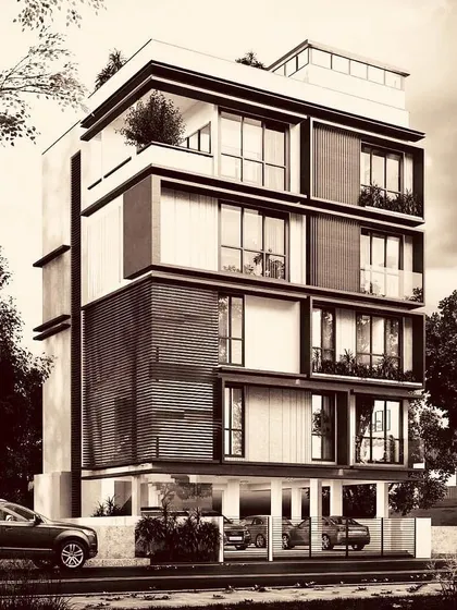 A conceptual visualization for a multi-level residence in HSR, Bangalore. The design explores a layered facade with varied materials and setbacks, creating visual interest and functional outdoor spaces like balconies and a rooftop terrace.