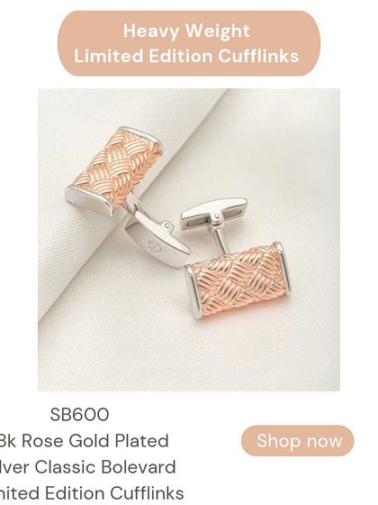 These elegant cufflinks feature a classic boulevard weave design in 18k rose gold plating over 92.5 silver. They are a perfect blend of modern style and timeless craftsmanship.