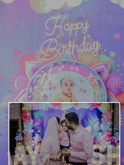 A collage from a Krishna-themed birthday, showing the family enjoying the celebration in front of the custom backdrop.