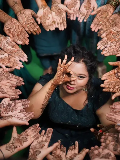 Mehendi is a celebration best shared with your favorite people! I love creating beautiful, coordinated designs for the bride and her entire bride tribe. Seeing everyone's hands adorned with henna, sharing in the joy, is truly a beautiful sight.