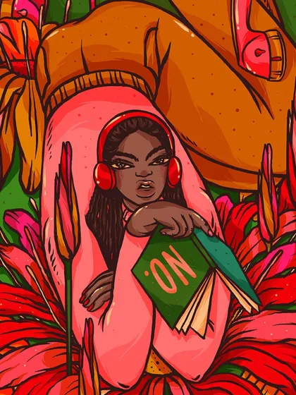 A close-up detail of the "No Connection" poster. This view focuses on the main figure's unapologetic expression and the vibrant, floral elements that surround her, highlighting the punchy linework and color palette.