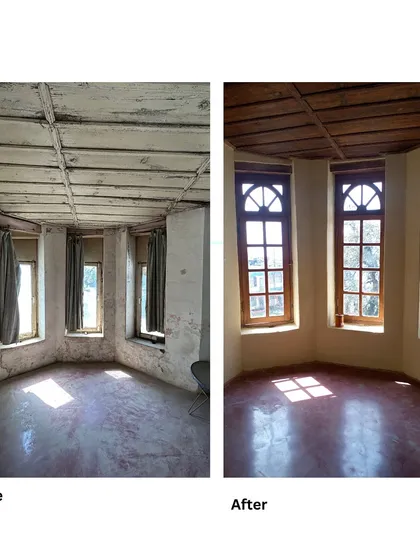 Another powerful before-and-after comparison of an interior space, showing how we transformed a dark, decaying room into a bright and habitable living area.