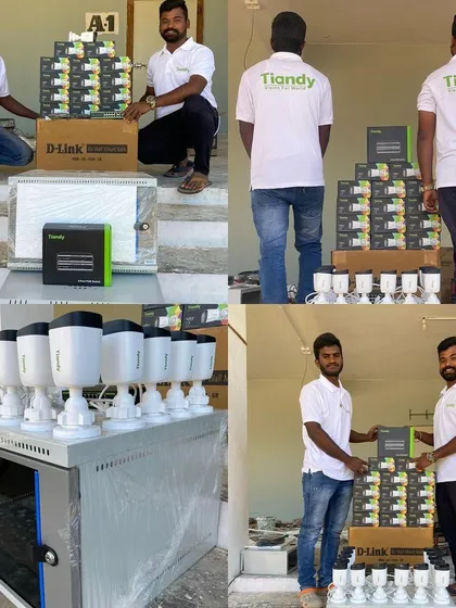 From start to finish, I manage the entire project. This shows my team with a large stock of Tiandy cameras and D-Link equipment, ready for a big installation.