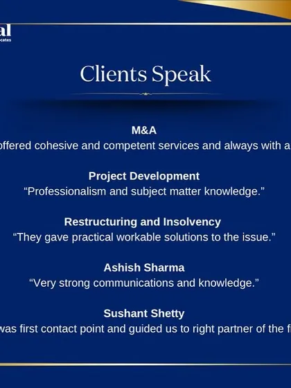Client feedback is the measure of our success. This graphic highlights testimonials from our clients, as quoted by IFLR1000, praising our professionalism, subject matter knowledge in project development, and practical solutions in restructuring and insolvency matters.