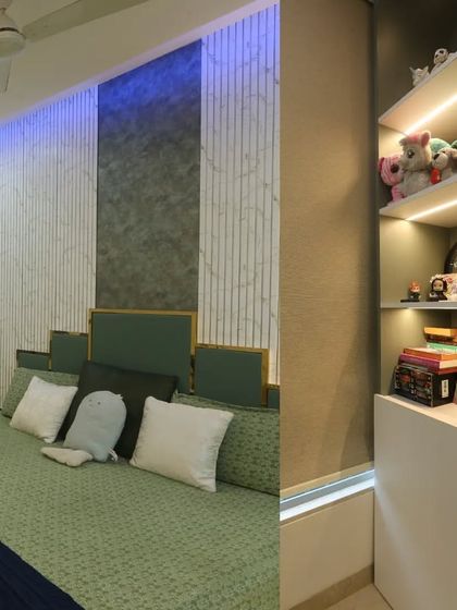 A detail shot showing the built-in shelf next to the bed, perfect for displaying personal treasures and adding a touch of personality.