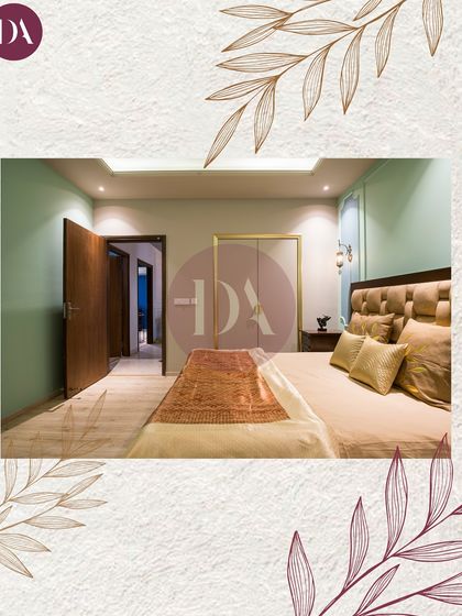 A wide shot of a bedroom sanctuary, where a soft green accent wall and a plush, textured headboard create a calming environment. The design is all about comfort and style.