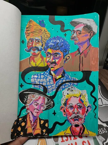 A collection of five distinct character portraits on a single sketchbook page. I used acrylic markers and a bold turquoise background to create this imaginative and colourful composition.