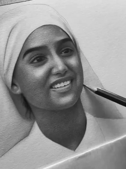 A close-up of the shading process for the nun's portrait.