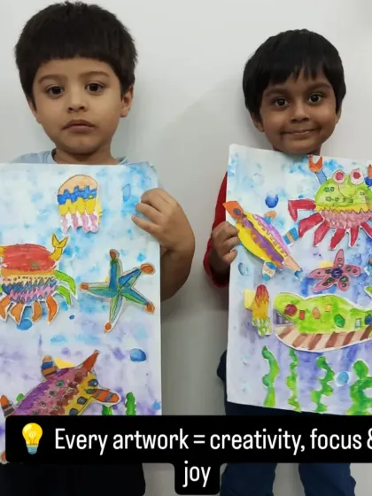 The pride of a finished masterpiece! These two young artists are so excited to show off their vibrant underwater scenes. We celebrate every creation, because the process of making art builds confidence that lasts a lifetime.