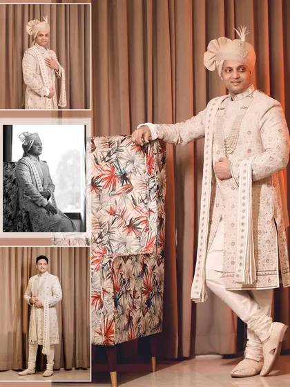 A collage of the groom's portraits, showcasing his elegant white sherwani and poised demeanor.
