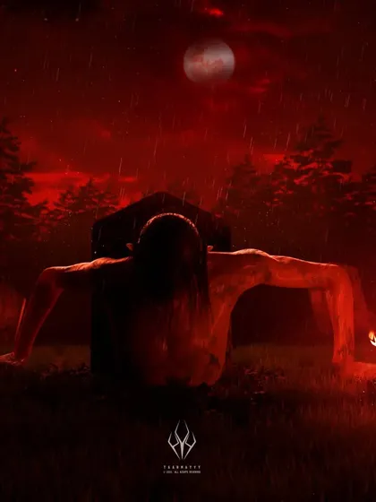 A demon rising from its grave on a full moon night. The entire scene is bathed in a blood-red light, creating a hellish atmosphere as the creature claws its way out of the earth.