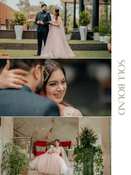 A collage titled 'Soul Bound,' showcasing tender moments between Gaurav and Mansi. From loving glances to elegant poses, it tells a complete story of their Roka ceremony.