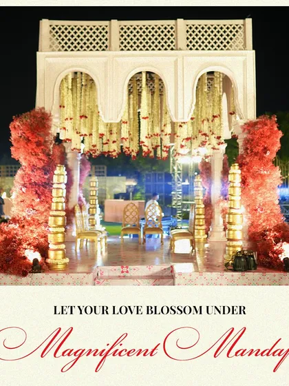 A magnificent mandap where passion and purity meet. The vibrant red florals symbolize love, while the white structure represents new beginnings, creating a sacred and visually stunning space for the wedding ceremony at the Hyatt Regency Jaipur.