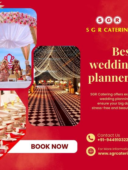 We offer expert wedding planning to ensure your big day is stress-free and beautiful. This collage shows grand wedding decor and our extensive buffet setups, demonstrating our capability to handle large-scale events.