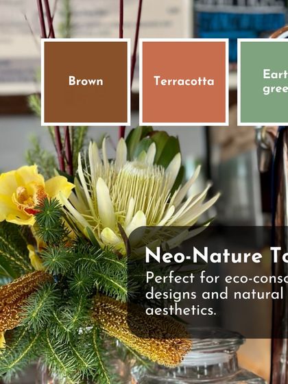 This arrangement uses neo-nature tones like brown, terracotta, and earthy greens. It's perfect for eco-conscious designs and natural aesthetics.