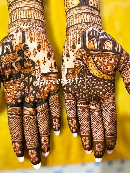A stunningly detailed varmala scene, where the bride and groom are depicted under a canopy of hanging floral chandeliers.
