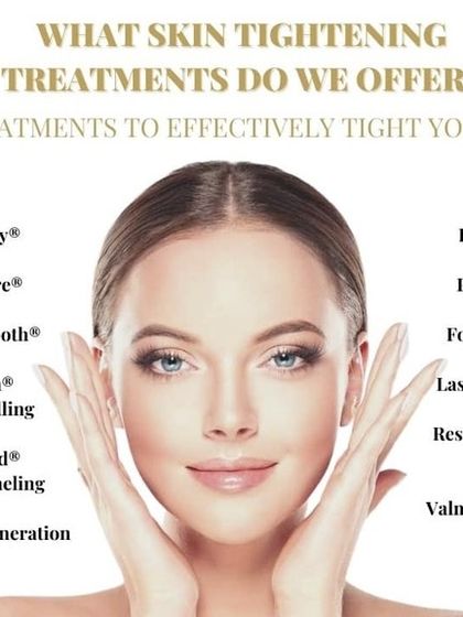 This graphic lists some of the many skin tightening treatments I offer, from microneedling and PRP to advanced energy-based devices, all designed to effectively firm and rejuvenate your skin.