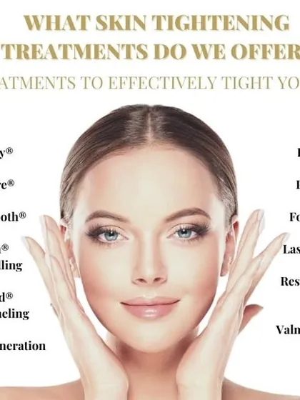 This graphic lists some of the many skin tightening treatments I offer, from microneedling and PRP to advanced energy-based devices, all designed to effectively firm and rejuvenate your skin.