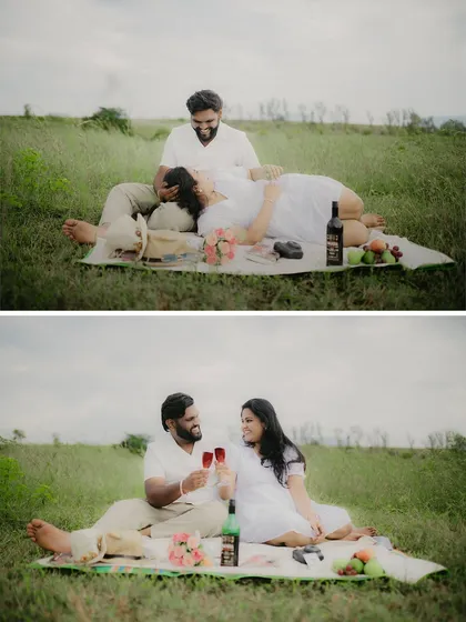 Two moments from a romantic picnic: a tender moment of rest and a celebratory toast with wine.