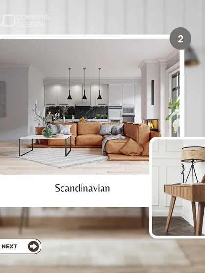 A graphic showcasing the "Scandinavian" design style, known for its simplicity, functionality, and use of natural materials.