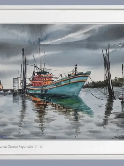 A watercolor painting of a fishing boat resting in a harbor, with beautiful reflections in the water.
