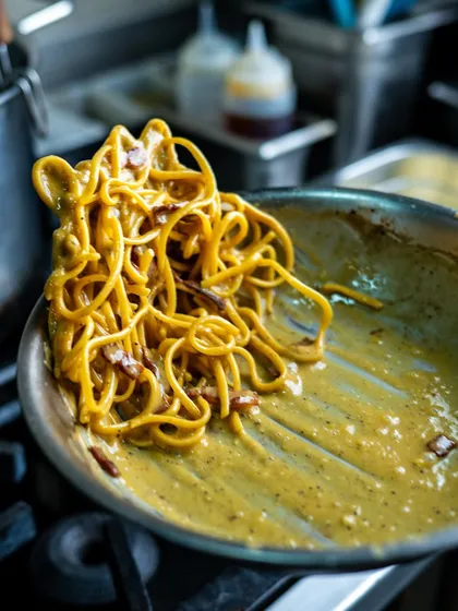 A dynamic action shot of carbonara being tossed in a pan. The motion blur and kitchen background give a sense of energy and freshness.