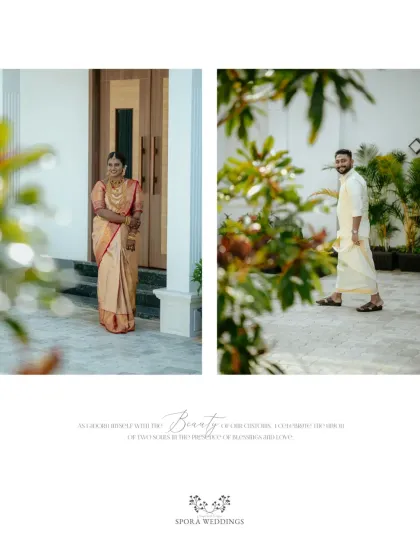 A diptych showing the bride and groom in their traditional wedding attire, capturing the beauty of their individual looks before they unite.