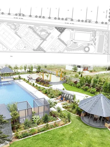 A resilient landscape begins with a stratified approach, from the master plan to the final planting. This image juxtaposes the architectural site plan with the realized green space at Serene Exotica, demonstrating how our layered design process enhances both ecology and aesthetics.