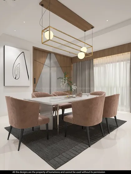 This angle shows the dining area in relation to the rest of the open-plan space, highlighting the elegant and cohesive design.