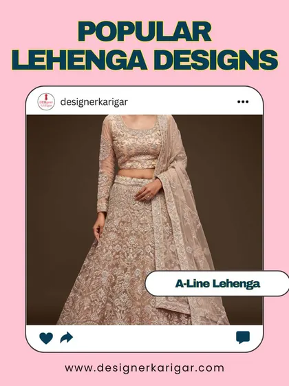 A classic A-line lehenga in a subtle beige tone with intricate all-over embroidery. This timeless silhouette is a popular choice for its elegant and flattering fit.