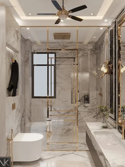 A stunning washroom we designed and executed, capturing a neo-classical vibe with elegant wall mouldings and a mix of black and white marble. Every detail, from the vanity to the shower partition, reflects our client’s desires.