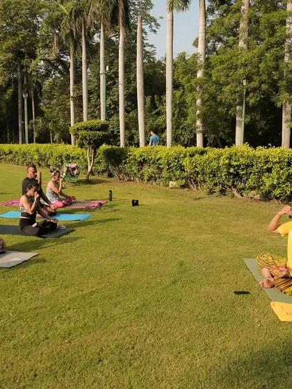 Teaching pranayama (breathing techniques) during our yoga session. Breath control is a skill that benefits runners immensely.