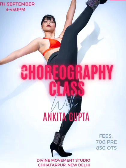 A promotional image for a choreography class with guest instructor Ankita Gupta. Her dynamic pose captures the energy and skill we bring to our specialized workshops.