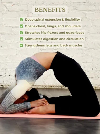 Kapotasana, or King Pigeon Pose, is a deep backbend that offers numerous benefits. This graphic lists how it opens the chest and shoulders, stretches the hip flexors, and strengthens the back muscles.