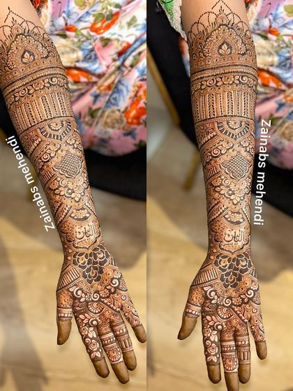 A full arm bridal design with personalized Arabic calligraphy.