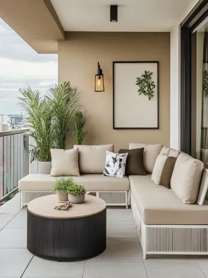 This high-rise apartment balcony features a custom L-shaped sofa with neutral, all-weather fabric, maximizing seating in a compact area. The design is complemented by potted palms and a modern wall sconce, creating a clean and elegant outdoor living space.