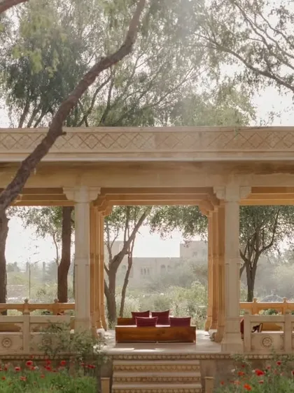 A quiet, traditional pavilion at Suryagarh, offering a peaceful escape amidst the wedding festivities. We utilize every part of a destination venue to enhance the guest experience.