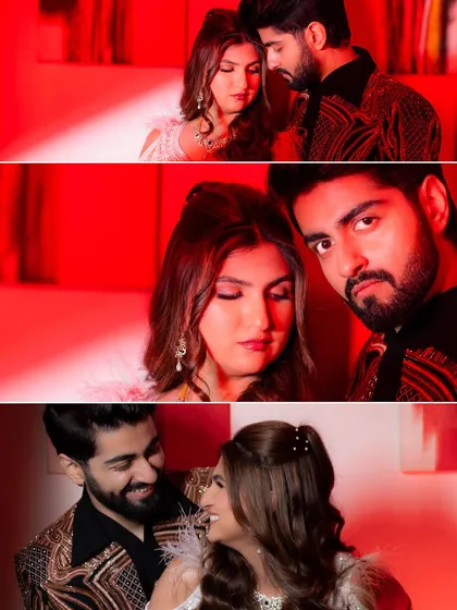 A collage of romantic and playful moments from a cocktail party. The red lighting creates a passionate and energetic mood, perfect for a night of celebration.